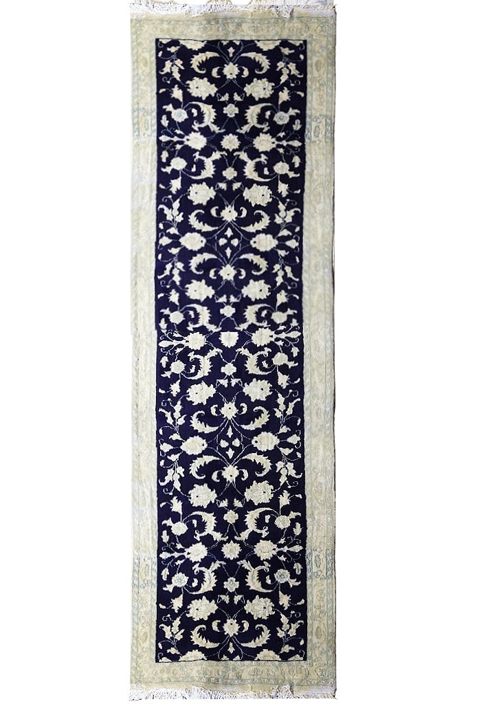 Luxurious 2.8 x 8.9 Nain Runner Dark Blue Wool Silk Hand-Knotted Rug: Luxurious 2.8 x 8.9 Nain Runner Dark Blue Wool Silk Hand-Knotted Rug Elevate your home decor with this stunning 2.8 x 8.9 Nain Runner, meticulously crafted from a luxurious blend of dark blue wool and