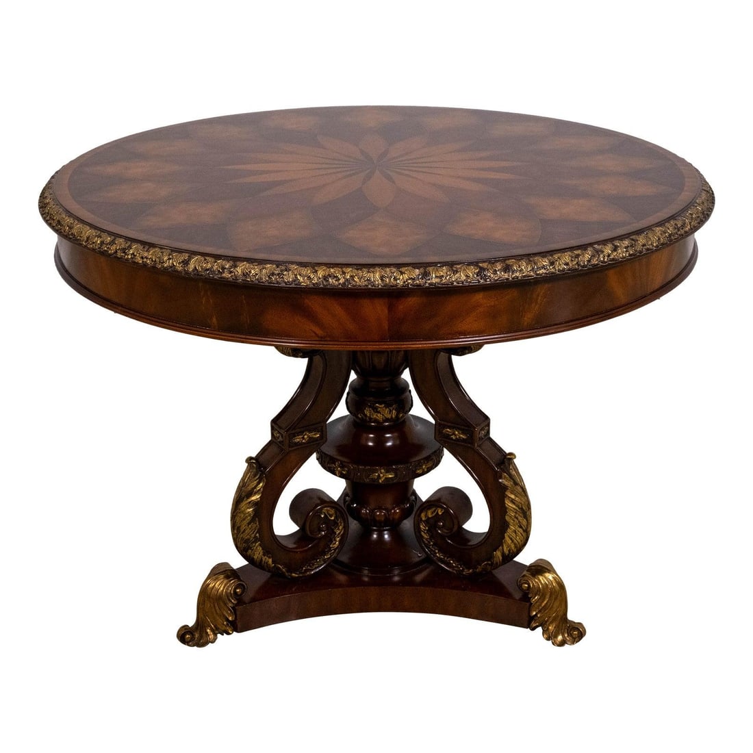 Maitland Smith Round Mahogany Carved Inlaid Center Table: Maitland Smith Round Mahogany Carved Inlaid Center Table Enhance your living space with this exquisite Maitland Smith Round Mahogany Carved & Inlaid Center Table. Featuring a beautifully scrolled and 