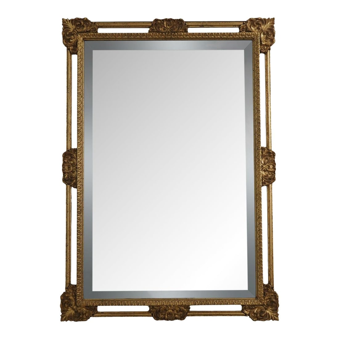 Labarge Italian Gold Rectangular Mirror with Beveled Glass: Labarge Italian Gold Rectangular Mirror with Beveled Glass This exquisite Labarge Italian rectangular mirror boasts a stunning gold finish that enhances its elegant design. Featuring a beveled glass c