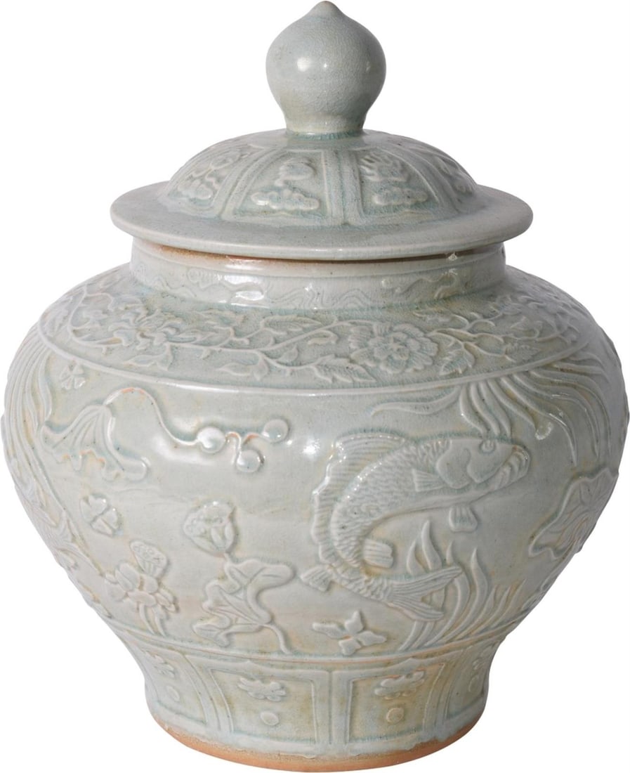Handmade Sage Green Porcelain Ginger Jar with Embossed Fish 16 x 13.5: Handmade Sage Green Porcelain Ginger Jar with Embossed Fish 16 x 13.5 This exquisite sage green porcelain ginger jar is a stunning addition to classic homes, featuring an embossed fish design that ref