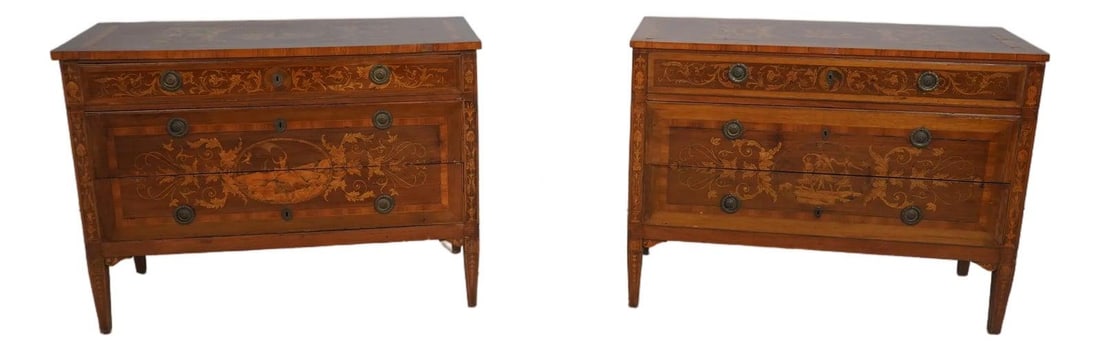 Stunning Pair of 19th Century Italian Inlaid Commodes: Stunning Pair of 19th Century Italian Inlaid Commodes Discover a stunning pair of Italian 19th-century antique inlaid commodes, dating back to approximately 1840-1880 or earlier. These exquisite piece