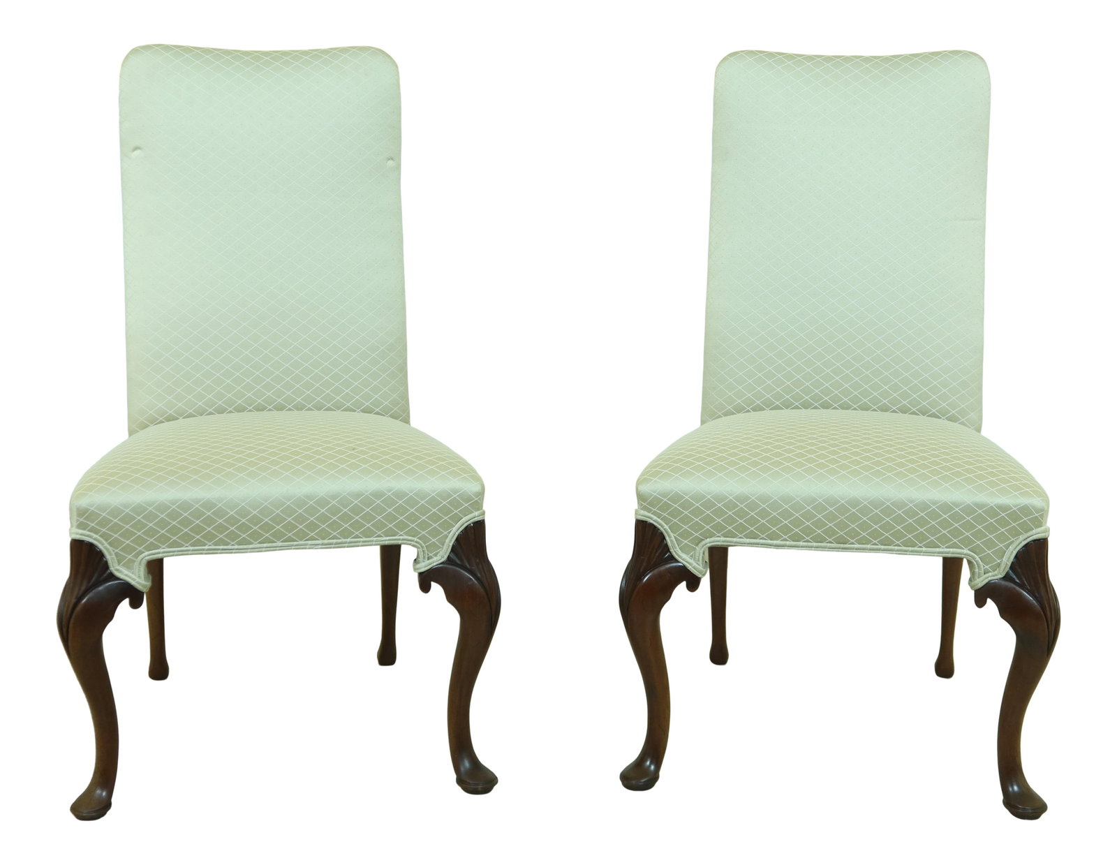 Elegant Pair of Queen Anne Mahogany Upholstered Side Chairs 23w x 25d x 40h: Elegant Pair of Queen Anne Mahogany Upholstered Side Chairs 23w x 25d x 40h This elegant pair of Queen Anne upholstered armless side chairs features quality solid mahogany construction, showcasing tra