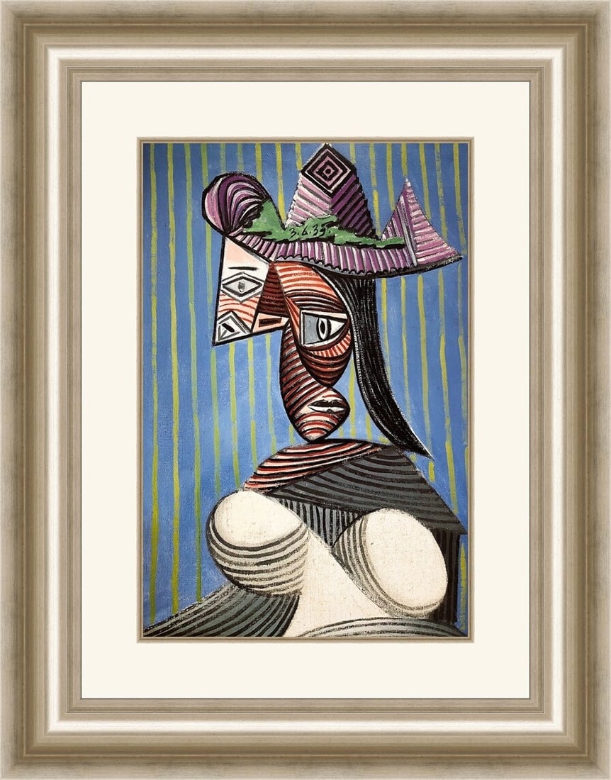 Pablo Picasso Bust of Woman with Striped Hat Custom Framed Lithograph 21x26: Pablo Picasso Bust of Woman with Striped Hat Custom Framed Lithograph 21x26 This striking custom framed print features Pablo Picasso's celebrated work, "Bust of a Woman with Striped Hat." Produced usi
