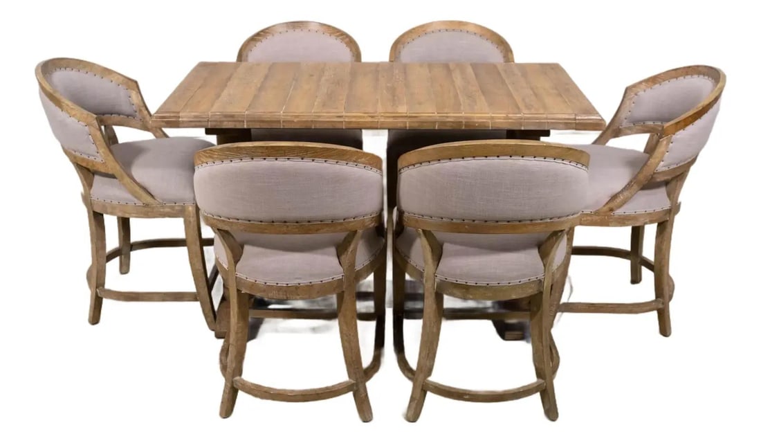 Hooker Brasserie Friendship Oak Table with 6 Stools Antique White Wash Finish: Hooker Brasserie Friendship Oak Table with 6 Stools Antique White Wash Finish Introducing a stunning Hooker Brasserie Friendship Oak Table complemented by six center stools, crafted around 2017. This