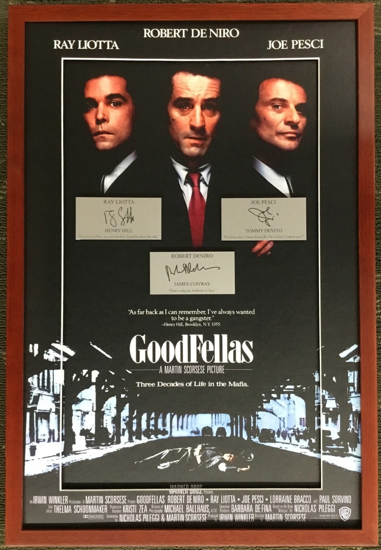 Goodfellas Custom Framed Photo with Laser Engraved Signatures 25 x 17: Goodfellas Custom Framed Photo with Laser Engraved Signatures 25 x 17 This stunning custom framed photograph display features laser engraved signatures from iconic actors Joe Pesci, Robert De Niro, an