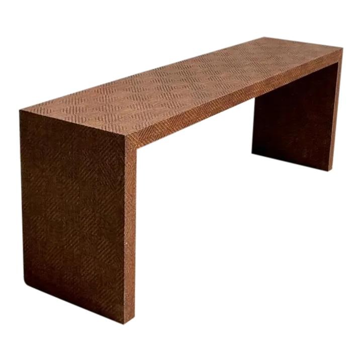 Vintage Chevron Woven Rattan Console Table Coastal Charm: Vintage Chevron Woven Rattan Console Table Coastal Charm Elevate your coastal-inspired decor with this vintage chevron woven rattan console table. Featuring intricate details and a charming chevron pa