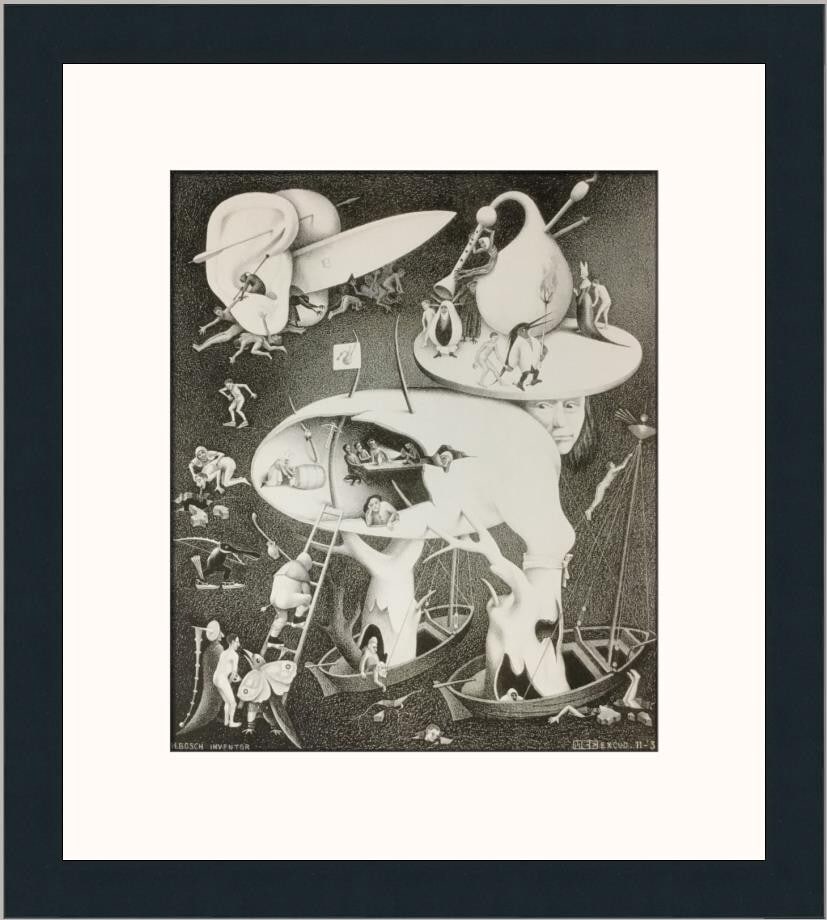M.C. Escher Hell Copy Framed Print 17 x 15 Modern Impressionism: M.C. Escher Hell Copy Framed Print 17 x 15 Modern Impressionism This captivating custom-framed print titled "Hell Copy after Hieronymus Bosch" by M.C. Escher showcases a striking interpretation of the