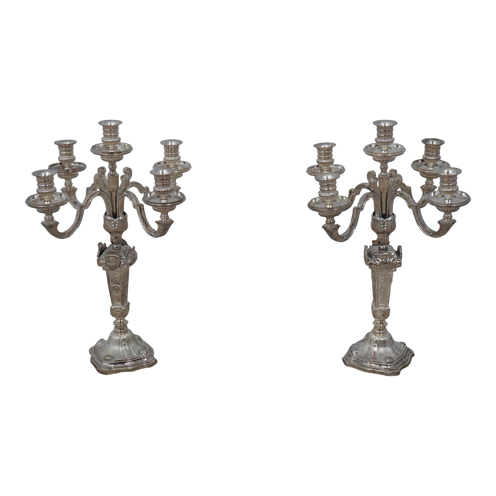 Elegant Pair of 5 Candle Silverplate Candelabras: Elegant Pair of 5 Candle Silverplate Candelabras This exquisite pair of classical 5-candle candelabra features a polished silver plate finish, showcasing quality construction and a substantial weight.