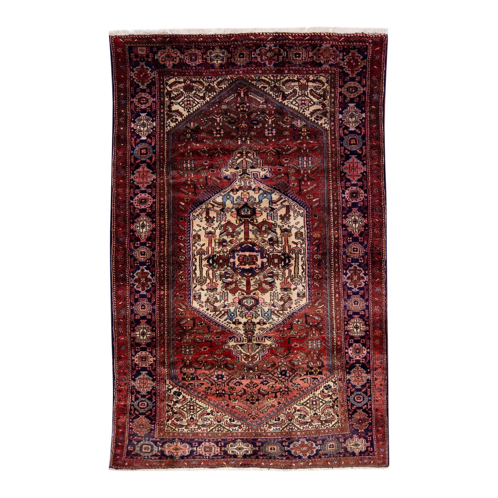 Vintage Persian Hamadan Red Wool Medallion Runner 4'5" x 7': Vintage Persian Hamadan Red Wool Medallion Runner 4'5" x 7' This stunning vintage Persian Hamadan rug showcases a hand-knotted construction with a vibrant red field. The design features a navy blue fr
