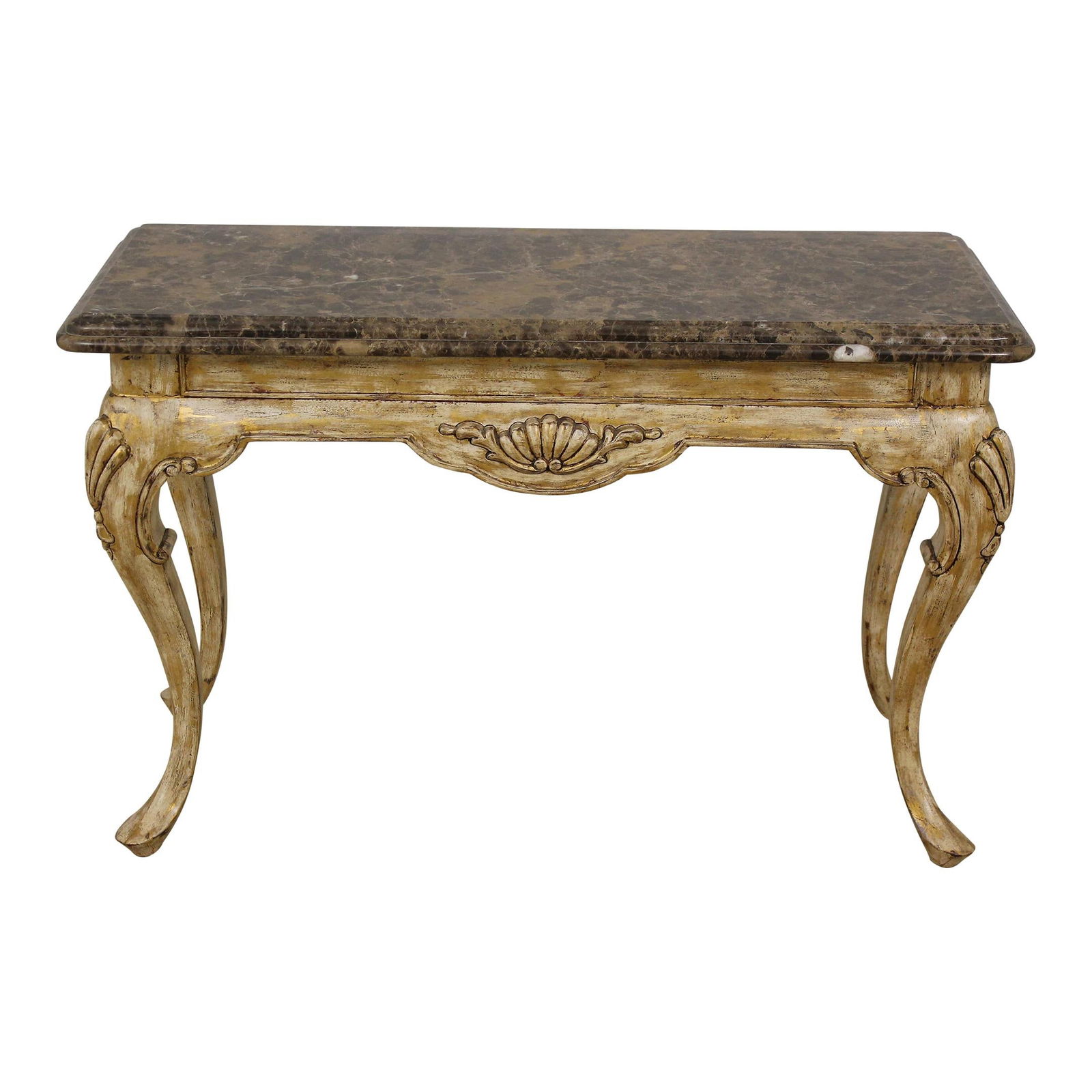 Elegant French Style Console Table with Beveled Marble Top 42 x 18 x 27.5: Elegant French Style Console Table with Beveled Marble Top 42 x 18 x 27.5 This elegant French Style Console Table showcases exquisite craftsmanship and timeless design. With a charming antique white f