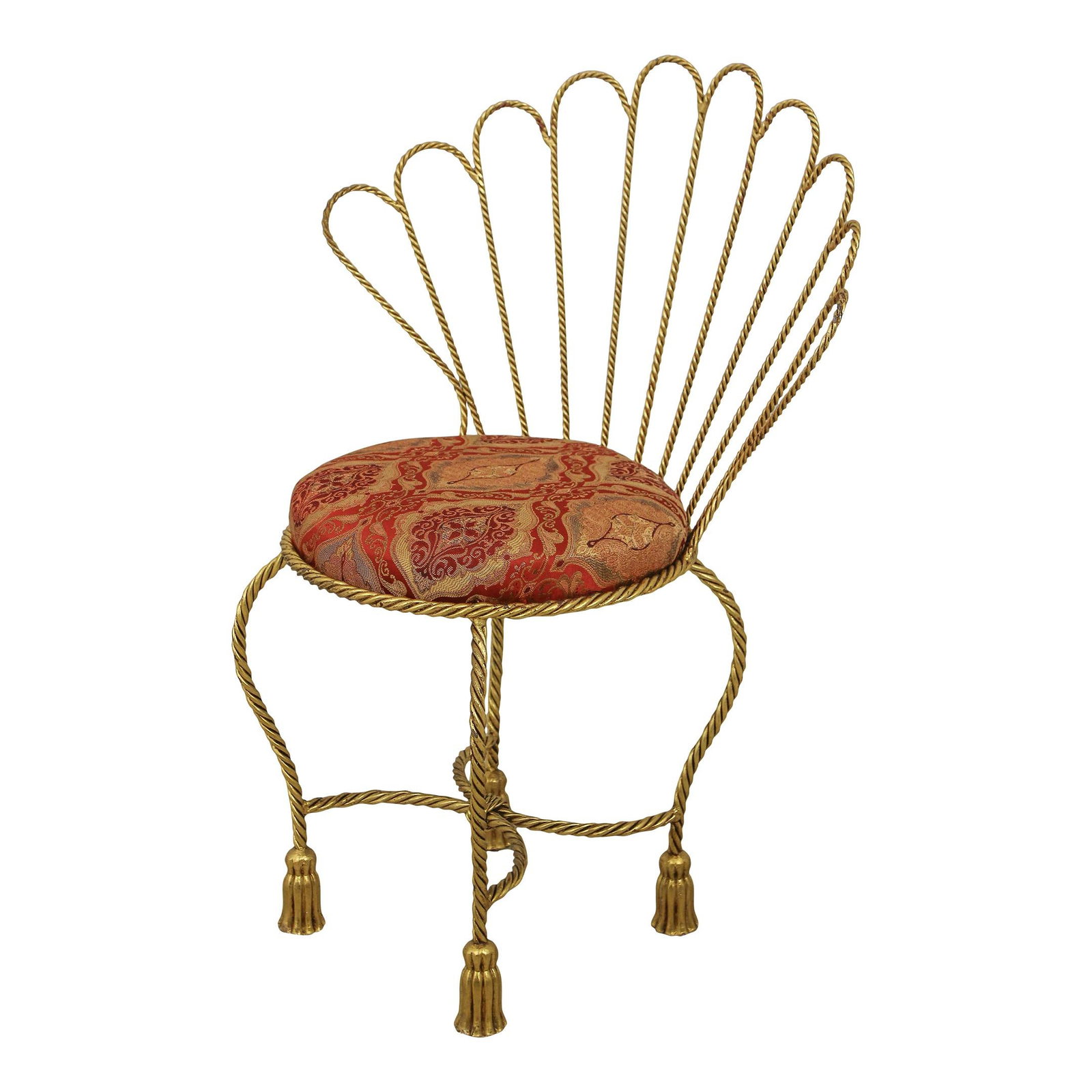 Elegant Gold Iron Vanity Bench with Rope Twist and Tassel Feet: Elegant Gold Iron Vanity Bench with Rope Twist and Tassel Feet This stunning vanity bench features a luxurious gold finish and intricate rope twist iron construction complemented by elegant tassel fee