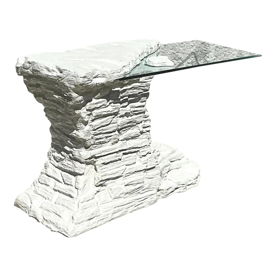 Vintage Sirmos Inspired Plaster Rock Console Table with Glass Top: Vintage Sirmos Inspired Plaster Rock Console Table with Glass Top Transform your space with this vintage console table, showcasing a striking sculptural stacked rock base in plaster inspired by the ic