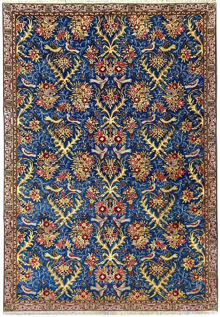 Handmade Persian Tehran Rug 6.2 x 9.6 Wool Blue: Handmade Persian Tehran Rug 6.2 x 9.6 Wool Blue This exquisite handmade Persian Tehran rug features a captivating blue color and measures 6.2 x 9.6 feet. Crafted from high-quality wool, it offers both