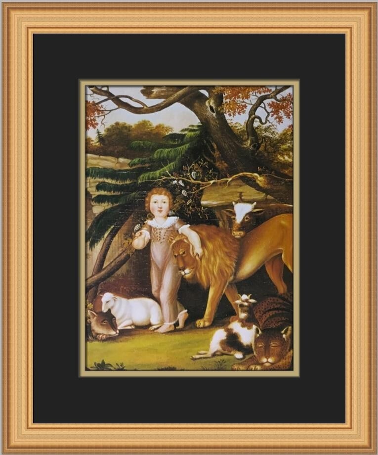 Edward Hicks Peaceable Kingdom Custom Framed Print 14 x 16 in: Edward Hicks Peaceable Kingdom Custom Framed Print 14 x 16 in This exquisite custom framed print titled "Peaceable Kingdom of the Branch" by Edward Hicks showcases a harmonious blend of Expressionism,