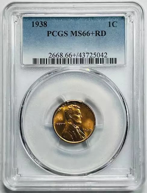 1938 P Lincoln Wheat Penny PCGS MS 66+ Red Uncirculated Coin: 1938 P Lincoln Wheat Penny PCGS MS 66+ Red Uncirculated Coin This 1938 P Small Cents Lincoln Wheat Penny is a remarkable find, certified by PCGS with a grade of MS 66+, indicating its excellent condit