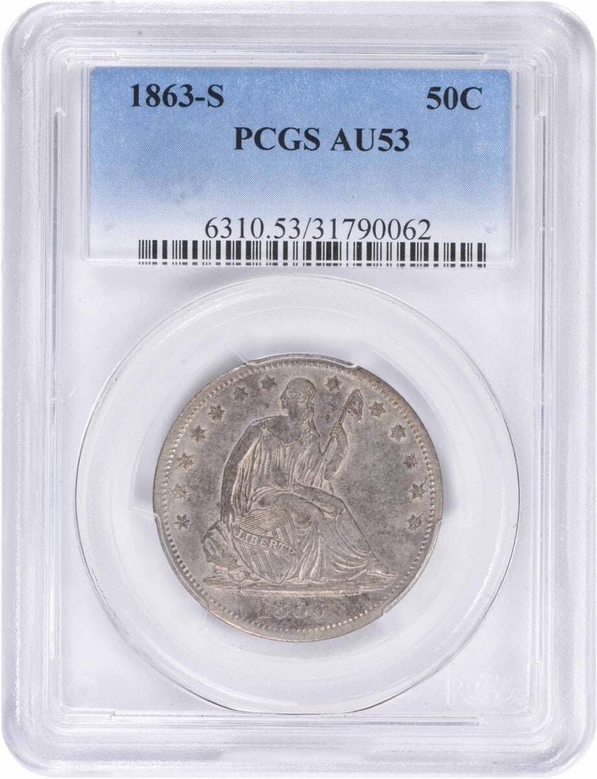 1863-S Liberty Seated Half Dollar AU53 PCGS Certified Silver Coin: 1863-S Liberty Seated Half Dollar AU53 PCGS Certified Silver Coin This 1863-S Liberty Seated Silver Half Dollar, certified as AU53 by PCGS, showcases the classic design by Thomas Sully and Christian G
