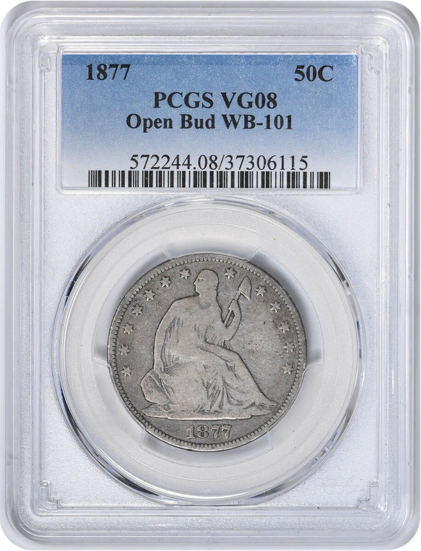 1877 Liberty Seated Half Dollar 50C PCGS VG Open Bud Design: 1877 Liberty Seated Half Dollar 50C PCGS VG Open Bud Design This 1877 Liberty Seated Silver Half Dollar features a design by Thomas Sully and Christian Gobrecht. The coin, certified by PCGS, is in cir