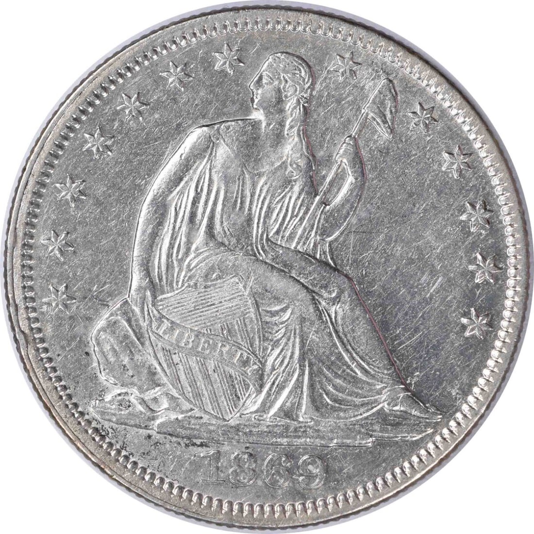 1869 Liberty Seated Half Dollar AU Uncertified 50C Silver Coin: 1869 Liberty Seated Half Dollar AU Uncertified 50C Silver Coin This 1869 Liberty Seated Silver Half Dollar showcases a beautiful design by Thomas Sully and Christian Gobrecht. It is classified as an A