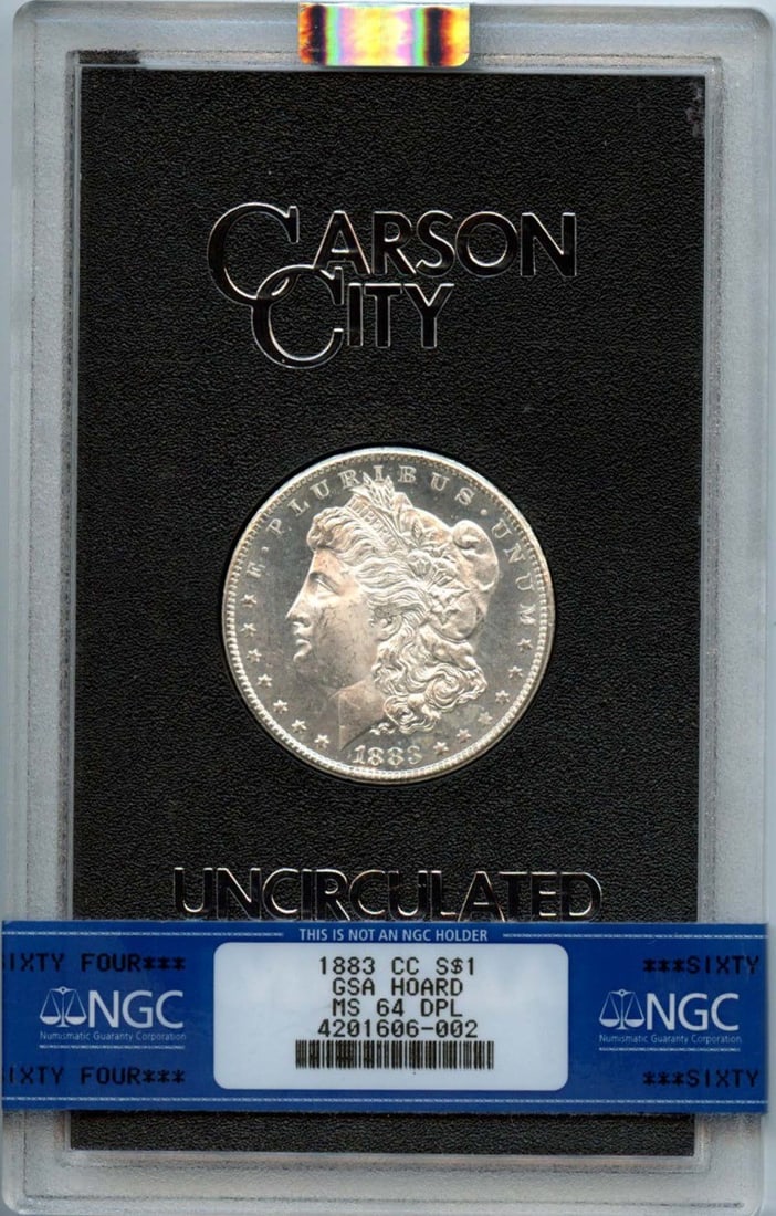 1883-CC Morgan Dollar NGC MS64 DMPL GSA Hoard Coin: 1883-CC Morgan Dollar NGC MS64 DMPL GSA Hoard Coin This 1883-CC Morgan Dollar is certified by NGC with a grade of MS64 DMPL, indicating it is uncirculated with deep mirror proof-like surfaces. Minted 