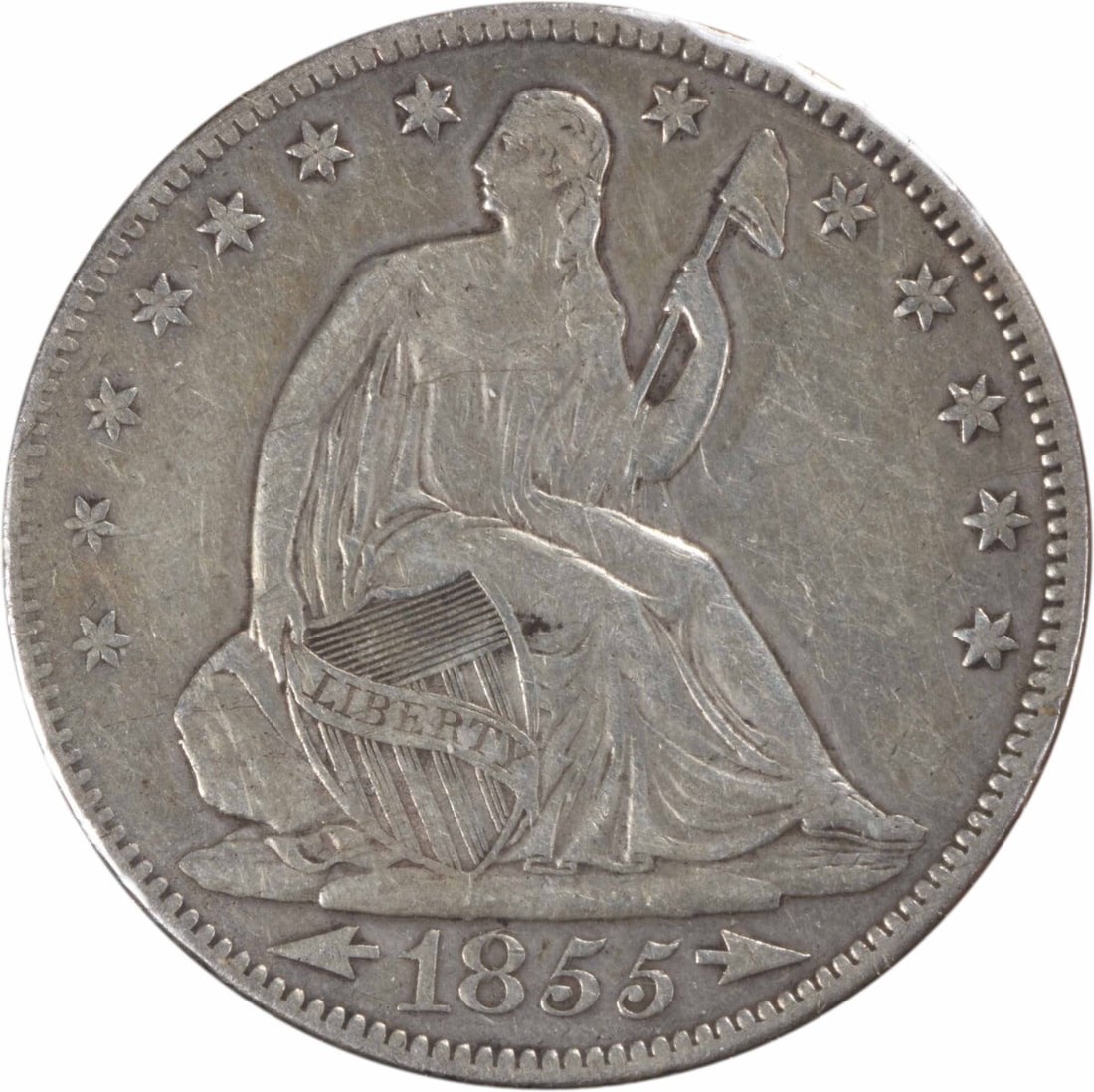 1855 Liberty Seated Silver Half Dollar 50C XF Uncertified: 1855 Liberty Seated Silver Half Dollar 50C XF Uncertified This 1855 Liberty Seated Silver Half Dollar is a notable piece from the Philadelphia Mint, featuring a classic design by Thomas Sully and Chri