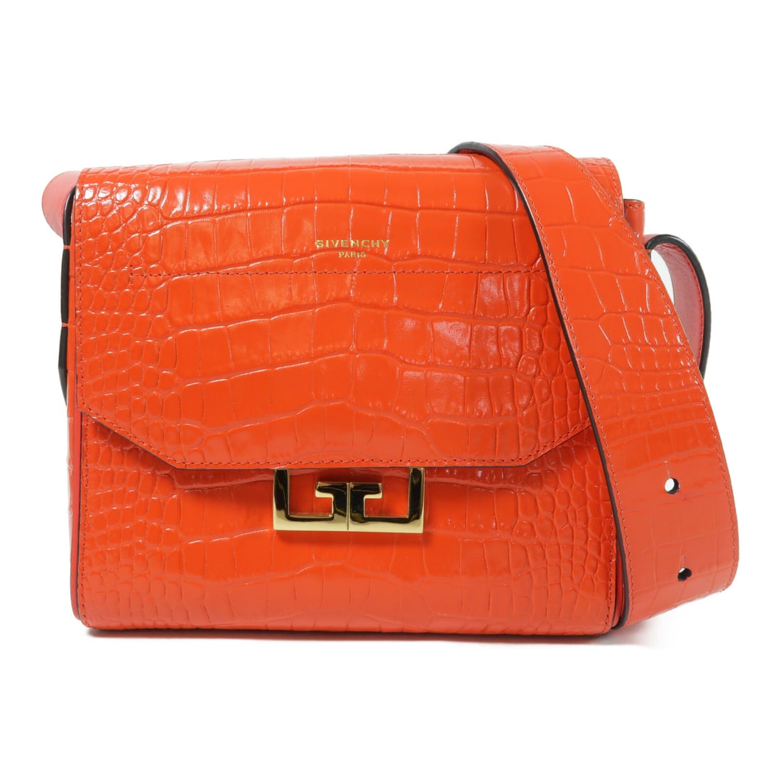 GIVENCHY Red Calfskin Leather Shoulder Bag with GHW: GIVENCHY Red Calfskin Leather Shoulder Bag with GHW This elegant GIVENCHY shoulder bag is crafted from high-quality calfskin leather, showcasing a striking red exterior that adds a vibrant touch to an