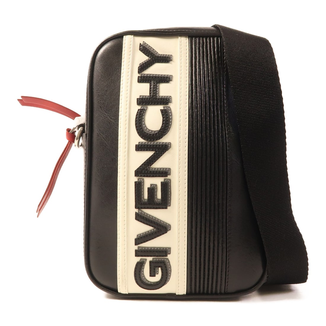 GIVENCHY Black Calfskin Leather Shoulder Bag: GIVENCHY Black Calfskin Leather Shoulder Bag Elevate your ensemble with this elegant GIVENCHY shoulder bag, crafted from luxurious black calfskin leather. This stylish accessory features a sleek desig