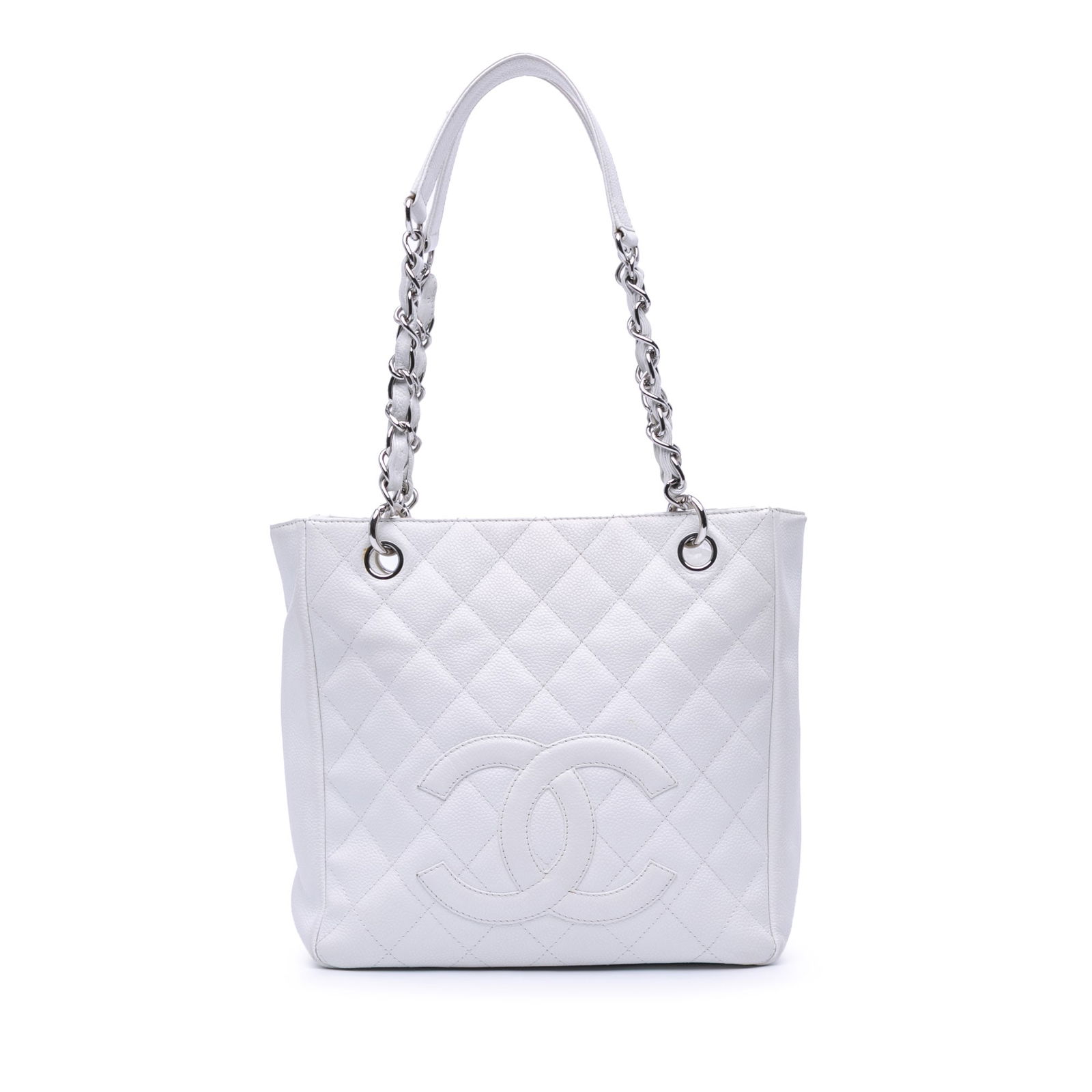 Chanel White Caviar Petite Shopping Tote with Leather Straps: Chanel White Caviar Petite Shopping Tote with Leather Straps The Chanel Caviar Petite Shopping Tote is an elegant handbag crafted from luxurious quilted caviar leather, showcasing a refined design ide