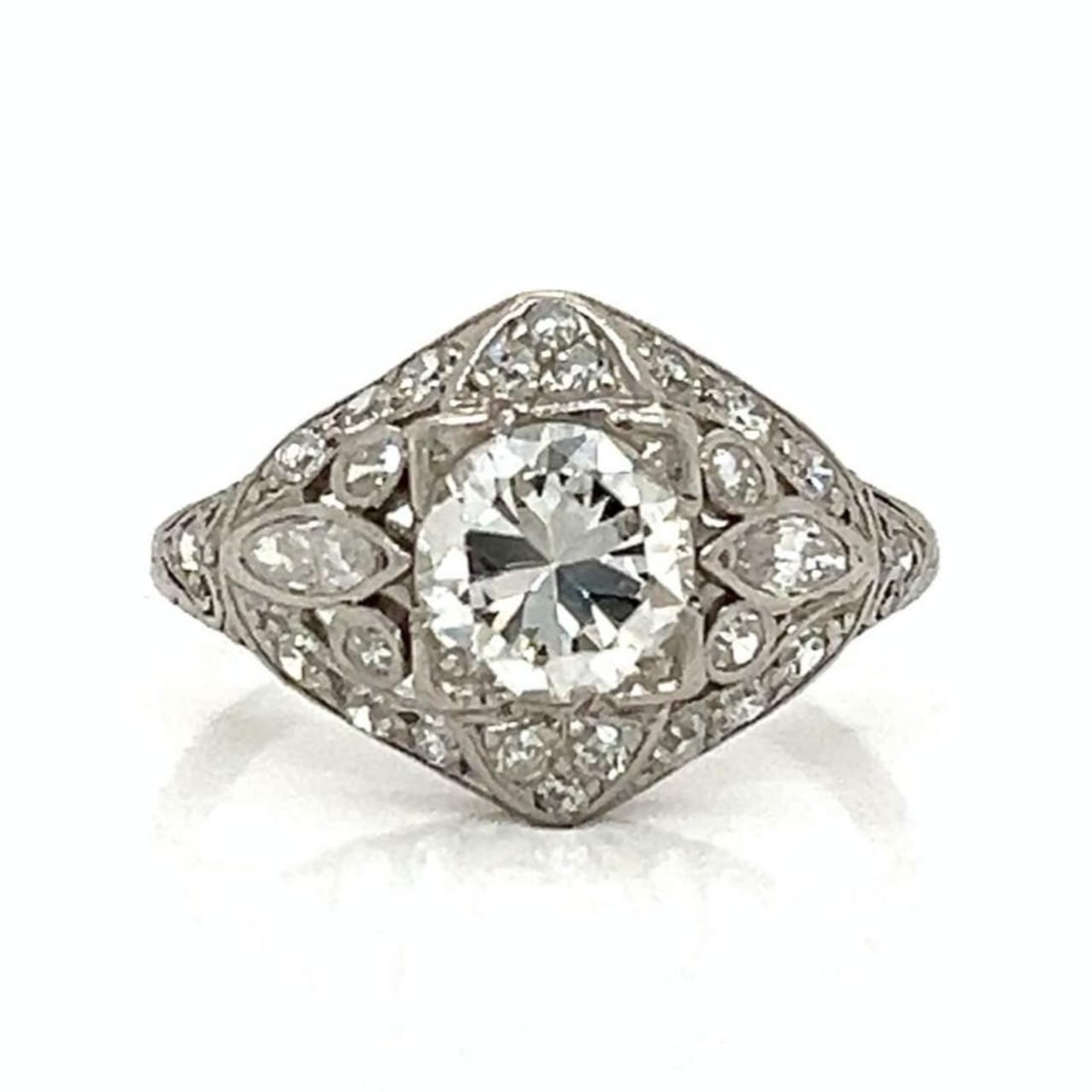 Art Deco Platinum Diamond Ring 1.20 Ct Center 18 Diamonds: Art Deco Platinum Diamond Ring 1.20 Ct Center 18 Diamonds This exquisite Art Deco Platinum Diamond Ring features a stunning central diamond weighing approximately 1.20 Ct, with H-I color and VS2 clari
