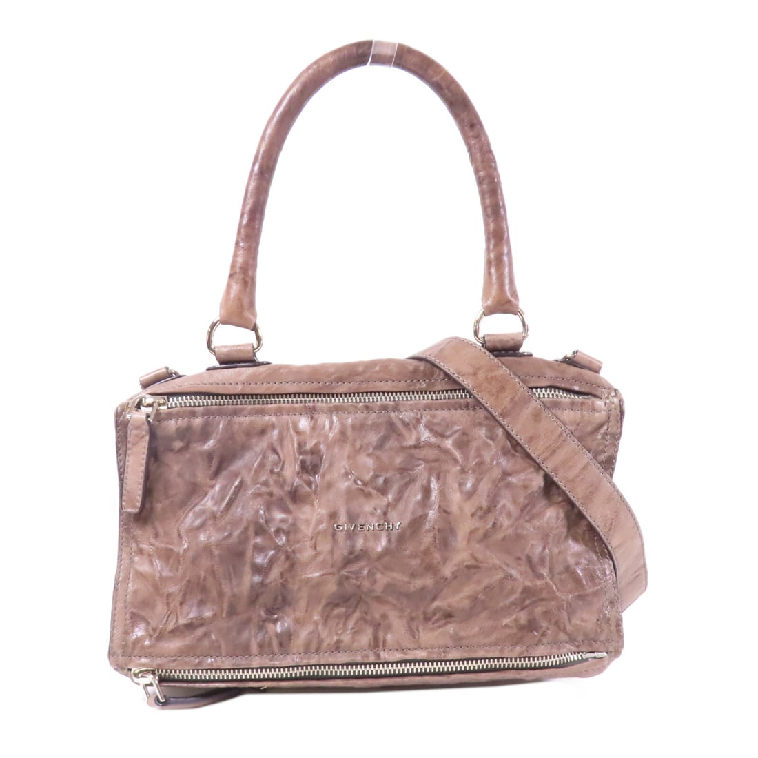 GIVENCHY Brown Calfskin 2 Way Shoulder Bag: GIVENCHY Brown Calfskin 2 Way Shoulder Bag This GIVENCHY 2 Way Shoulder Bag showcases a chic and versatile design, crafted from luxurious calfskin leather in a rich brown hue. With a height of 7.5 inc