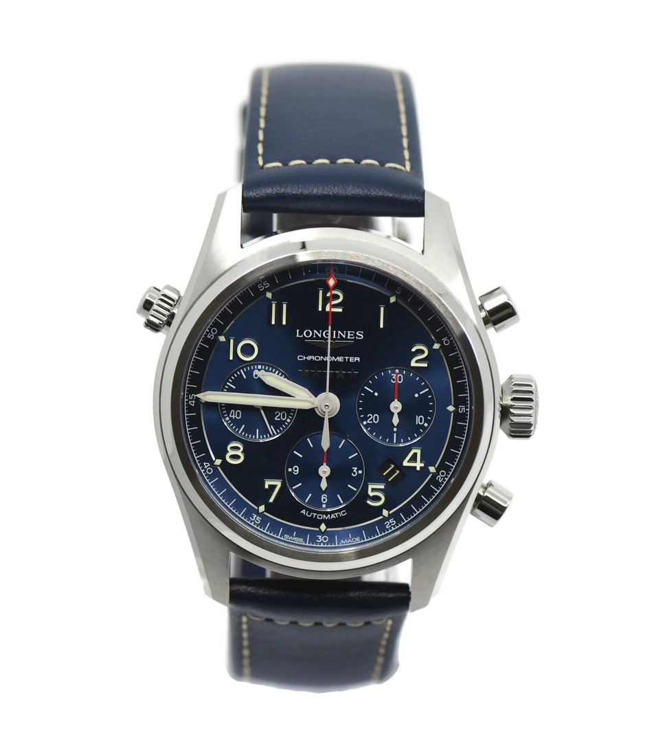 Longines Spirit Chronograph Watch L38204930 Blue Dial Leather Band Authentic with Box and Papers: Longines Spirit Chronograph Watch L38204930 Blue Dial Leather Band Authentic with Box and Papers This Longines Spirit Chronograph wristwatch combines elegance and functionality. Featuring a striking b