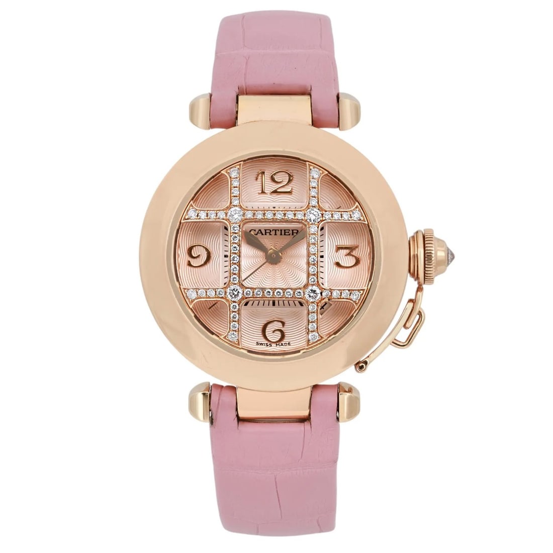 Cartier Pasha De 32mm 18K Rose Gold Diamond Grille Silver Dial Watch: Cartier Pasha De 32mm 18K Rose Gold Diamond Grille Silver Dial Watch Discover the elegance of the Cartier Pasha De wristwatch, featuring a luxurious 32mm case crafted from 18K rose gold. This exquisit