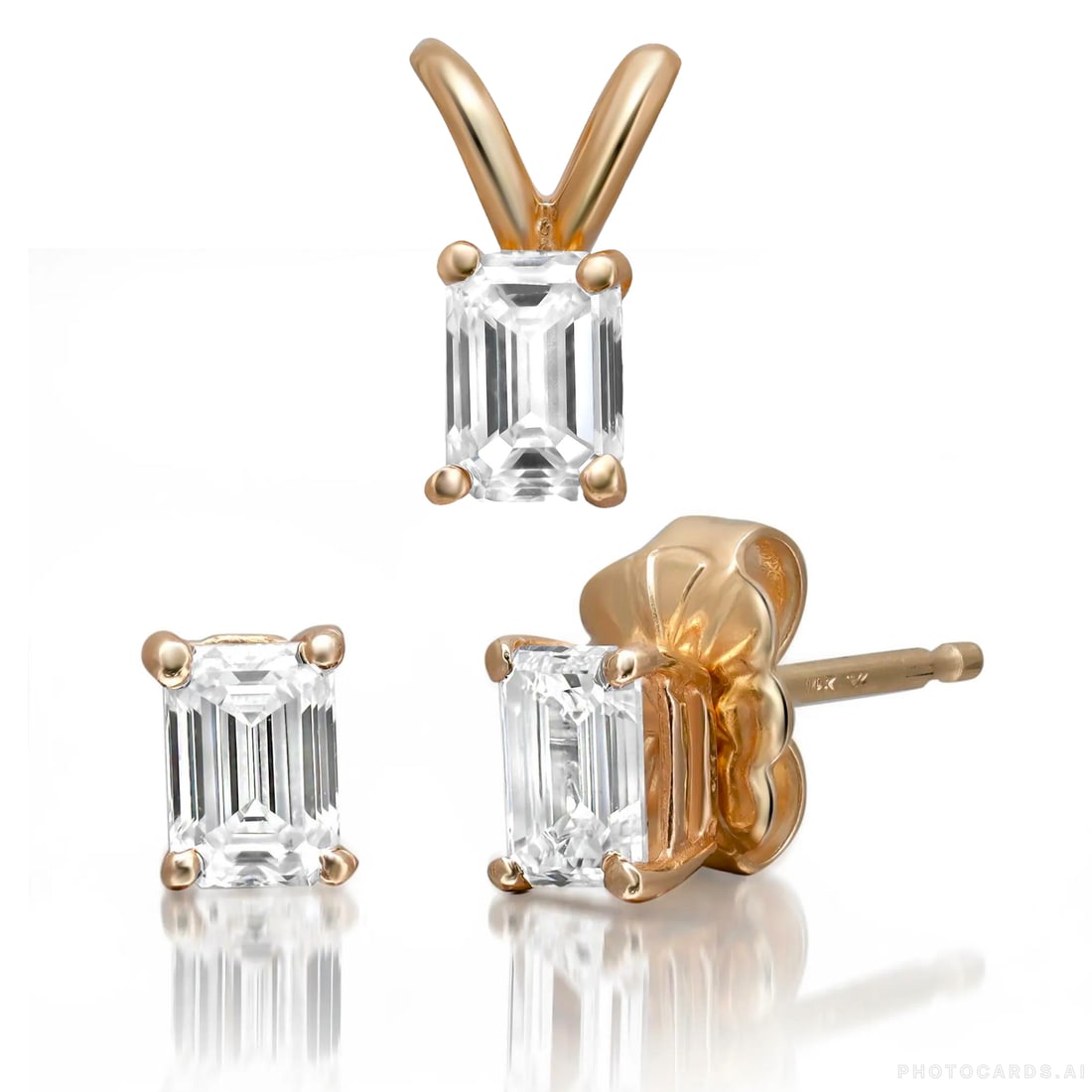 Rachel Koen Emerald Cut Lab Grown Diamond Jewelry Set in 14K Yellow Gold: Rachel Koen Emerald Cut Lab Grown Diamond Jewelry Set in 14K Yellow Gold Elevate your jewelry collection with this exquisite Emerald Cut Lab Grown Diamond Pendant and Stud Earrings Set, crafted in lux
