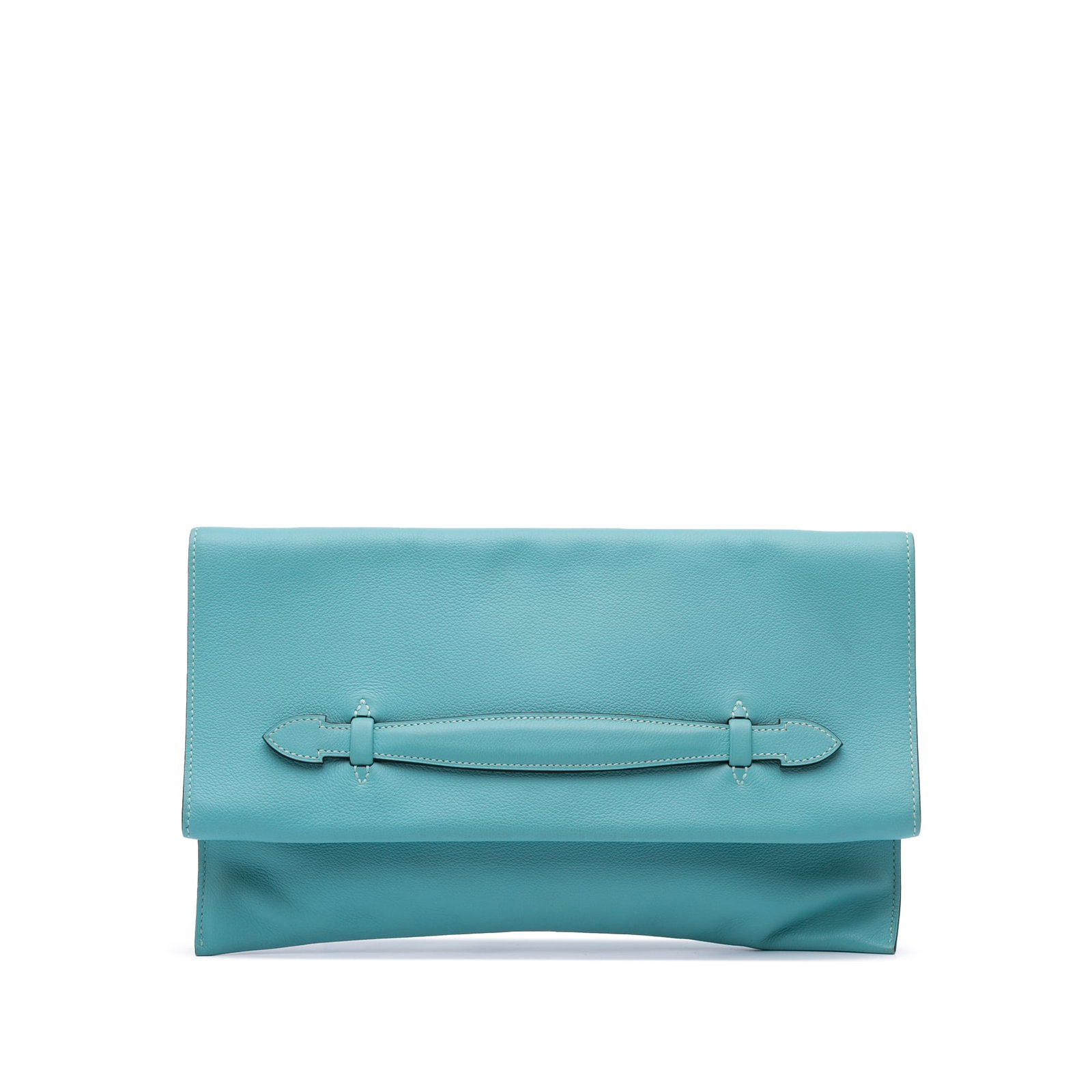 Hermes Evercolor Pliplat Leather Clutch in Blue: Hermes Evercolor Pliplat Leather Clutch in Blue The Hermes Evercolor Pliplat Clutch is a stylish accessory crafted from premium leather. It features a sleek design with a front flap secured by a magne