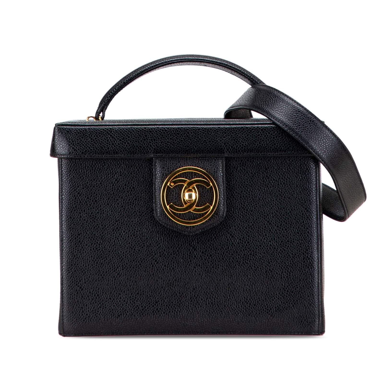 Chanel Black Caviar CC Turnlock Vanity Bag with Gold Hardware: Chanel Black Caviar CC Turnlock Vanity Bag with Gold Hardware This Chanel Caviar CC Turnlock Vanity Bag is crafted from luxurious black caviar leather and features elegant gold-tone hardware. It inclu
