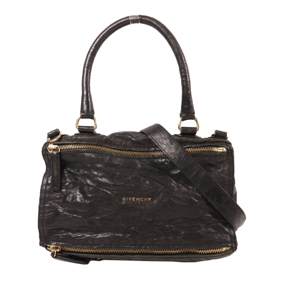 GIVENCHY Pandora Black Calfskin 2 Way Shoulder Bag: GIVENCHY Pandora Black Calfskin 2 Way Shoulder Bag The GIVENCHY Pandora 2 Way Shoulder Bag is a stylish and versatile accessory crafted from high-quality calfskin leather in a sleek black finish. This
