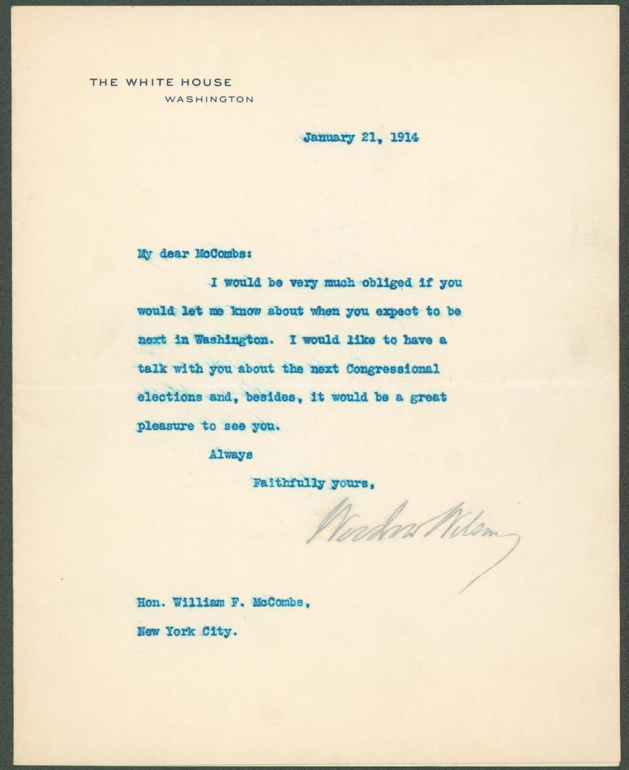 Woodrow Wilson Signed 1914 White House Letterhead 7x8.8 Beckett Authenticated: Woodrow Wilson Signed 1914 White House Letterhead 7x8.8 Beckett Authenticated This remarkable signed letter features the autograph of Woodrow Wilson, dated January 21, 1914, and printed on official Wh