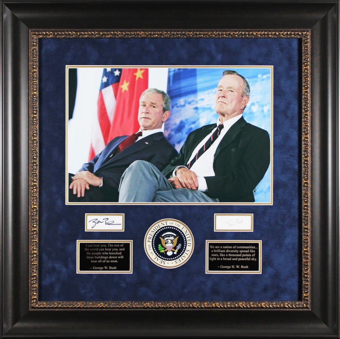 George H.W. Bush & George W. Bush Signed Framed Display with Beckett COA: George H.W. Bush & George W. Bush Signed Framed Display with Beckett COA This stunning autographed framed display features the authentic signatures of both George H.W. Bush and George W. Bush. The ite