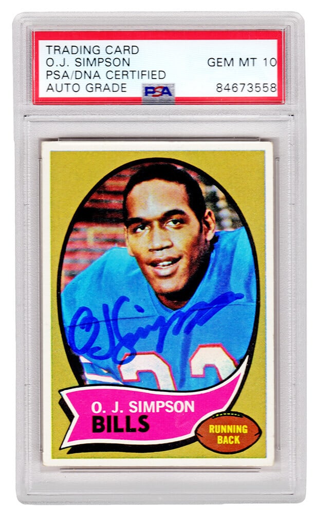 O.J. Simpson 1970 Topps Rookie Card #90 Autographed PSA GEM Mint 10: O.J. Simpson 1970 Topps Rookie Card #90 Autographed PSA GEM Mint 10 This O.J. Simpson autographed Buffalo Bills 1970 Topps Rookie Card #90 is a must-have for any football memorabilia collector. The ca