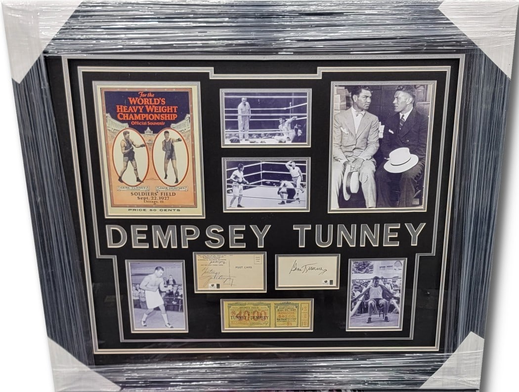 Jack Dempsey Gene Tunney Autographed Framed Boxing Display GAI Authenticated 36x32: Jack Dempsey Gene Tunney Autographed Framed Boxing Display GAI Authenticated 36x32 Celebrate boxing history with this stunning framed display featuring the autographs of legendary fighters Jack Dempse