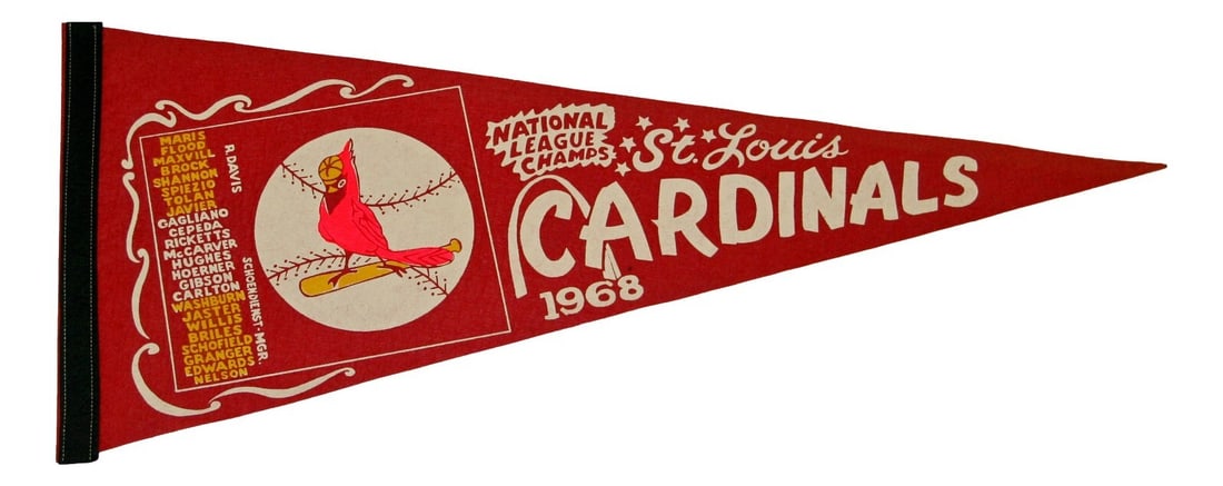 1968 St. Louis Cardinals 29" NL Champs Pennant MLB Original: 1968 St. Louis Cardinals 29" NL Champs Pennant MLB Original Celebrate the legacy of the St. Louis Cardinals with this original 1968 National League Champions pennant, measuring 29 inches in length. Of