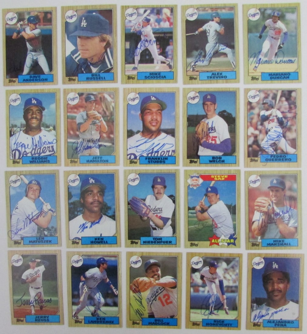 20 Autographed 1987 Topps Los Angeles Dodgers Baseball Cards: 20 Autographed 1987 Topps Los Angeles Dodgers Baseball Cards This lot features 20 autographed 1987 Topps baseball cards from the Los Angeles Dodgers, perfect for collectors and fans alike. Each card s