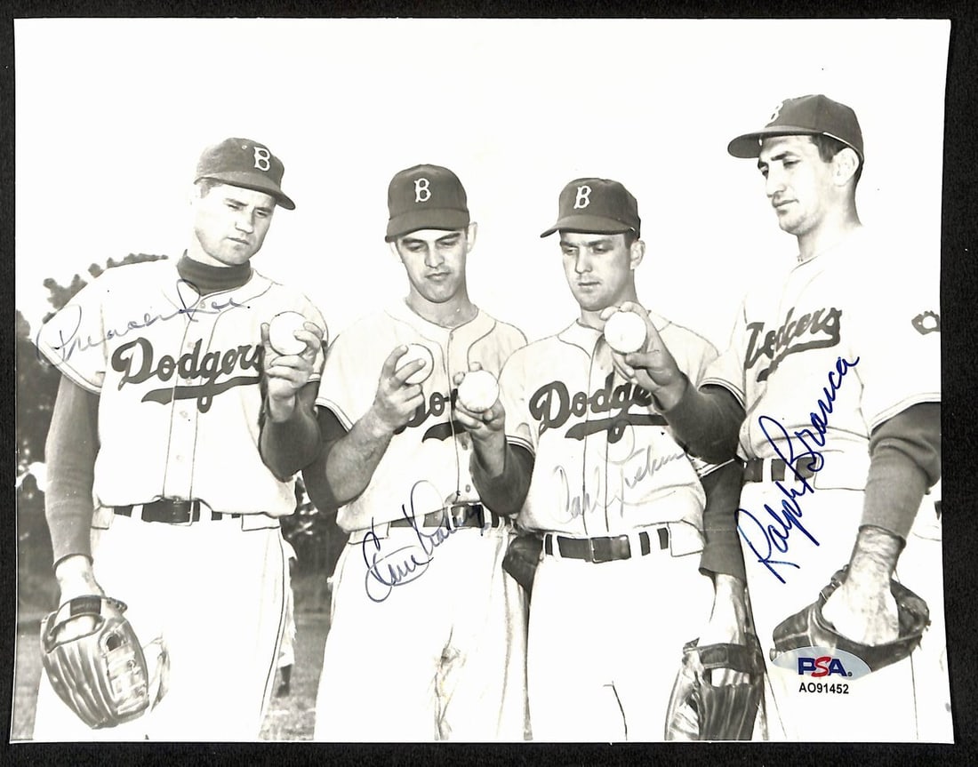 Brooklyn Dodgers Multi-Signed 7x9 Photo PSA Authenticated: Brooklyn Dodgers Multi-Signed 7x9 Photo PSA Authenticated This is a vintage 7x9 black and white photo featuring the Brooklyn Dodgers, signed by Preacher Roe, Ralph Branca, Carl Erskine, and Clem Labin