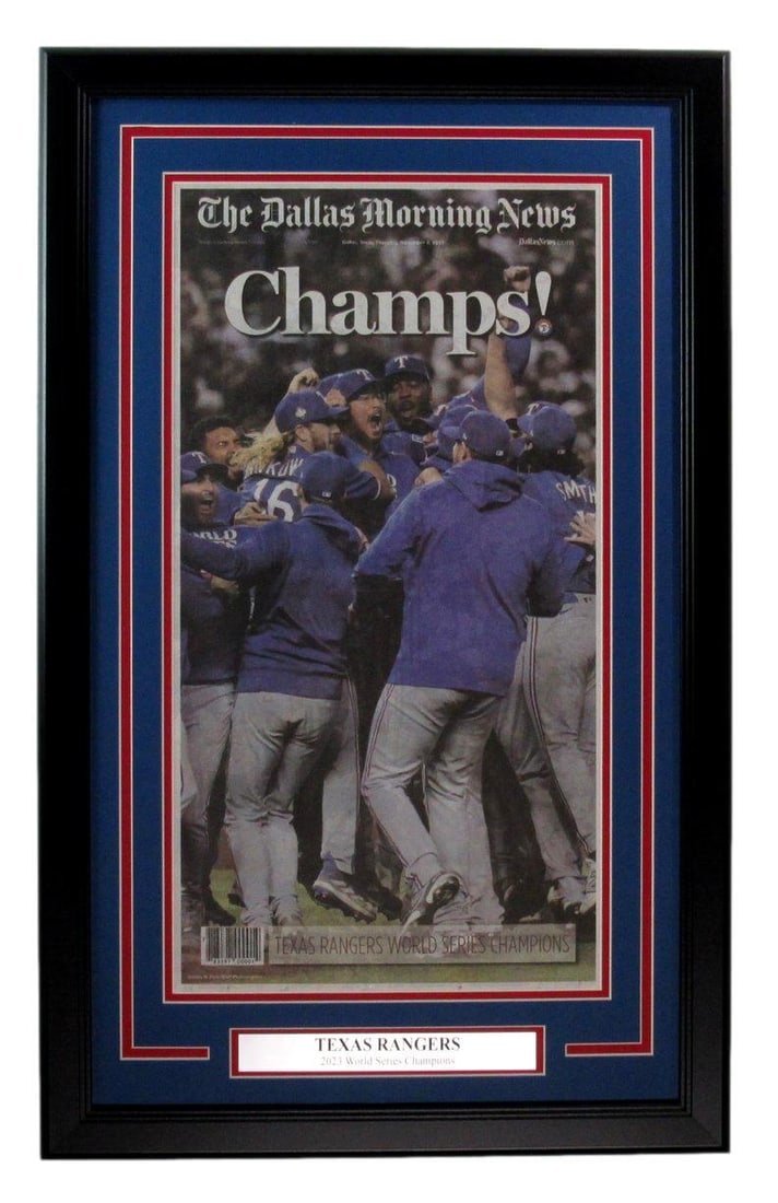 Texas Rangers World Series Champs 2023 Framed Newspaper Signed: Texas Rangers World Series Champs 2023 Framed Newspaper Signed Celebrate the Texas Rangers' historic victory with this framed newspaper from The Dallas Morning News, dated November 2, 2023, commemorat
