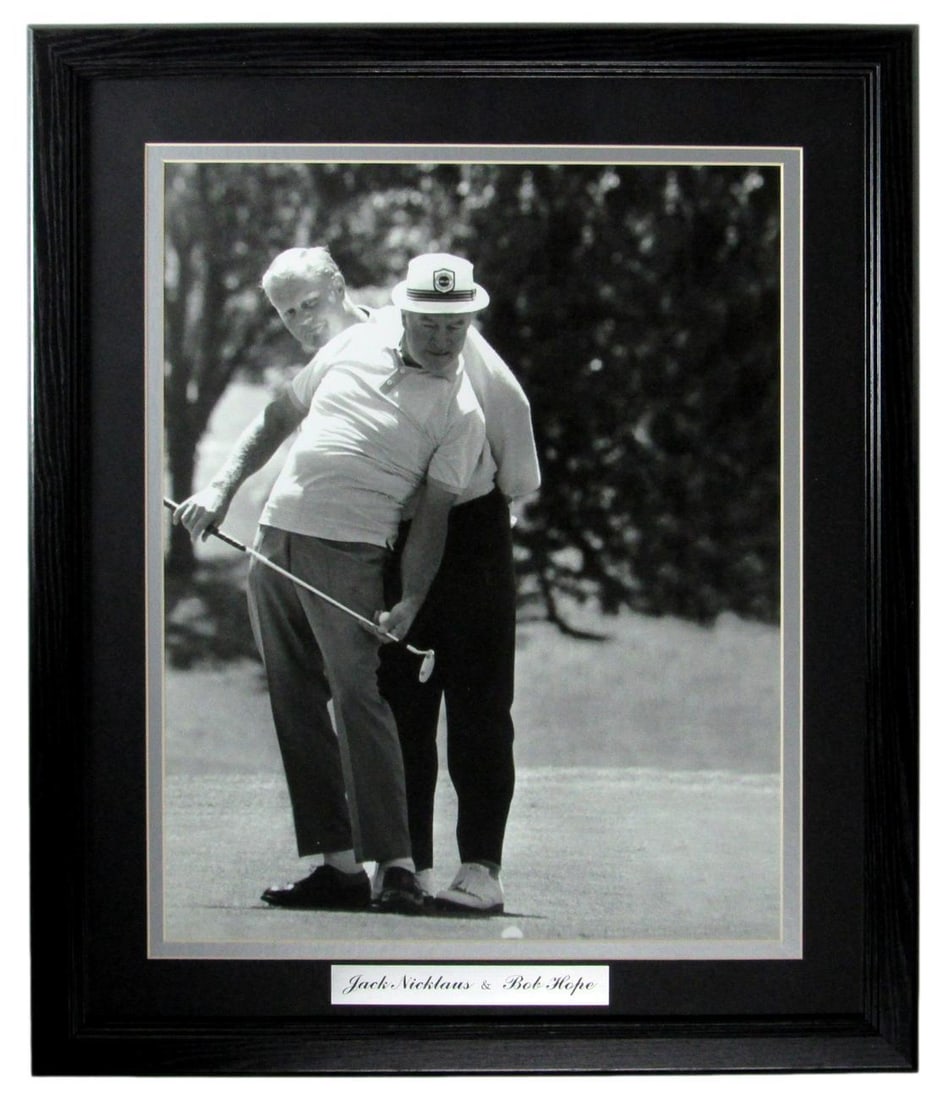 Jack Nicklaus Bob Hope 16x20 Framed Photo Original Golf: Jack Nicklaus Bob Hope 16x20 Framed Photo Original Golf This framed black and white photograph captures the essence of golf, featuring two legends: Jack Nicklaus and Bob Hope. The photo measures 16x20