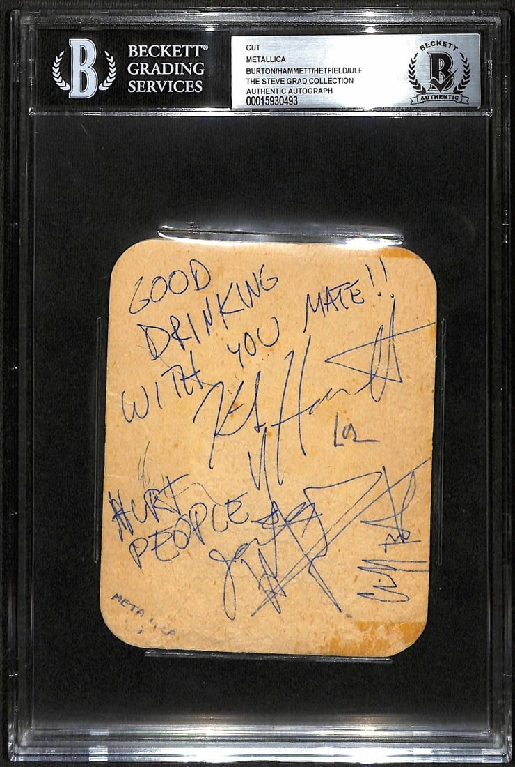 Metallica Multi-Signed Vintage Coaster Cliff Burton Hetfield Hammett Ulrich Beckett Certified: Metallica Multi-Signed Vintage Coaster Cliff Burton Hetfield Hammett Ulrich Beckett Certified This exceptional Metallica signed vintage bar coaster features the authentic signatures of the band's orig
