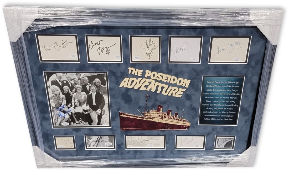 The Poseidon Adventure Signed 11 Autographs Custom Framed Collage JSA: The Poseidon Adventure Signed 11 Autographs Custom Framed Collage JSA This stunning collage features 11 autographs from the iconic cast of "The Poseidon Adventure," beautifully custom framed to a dime