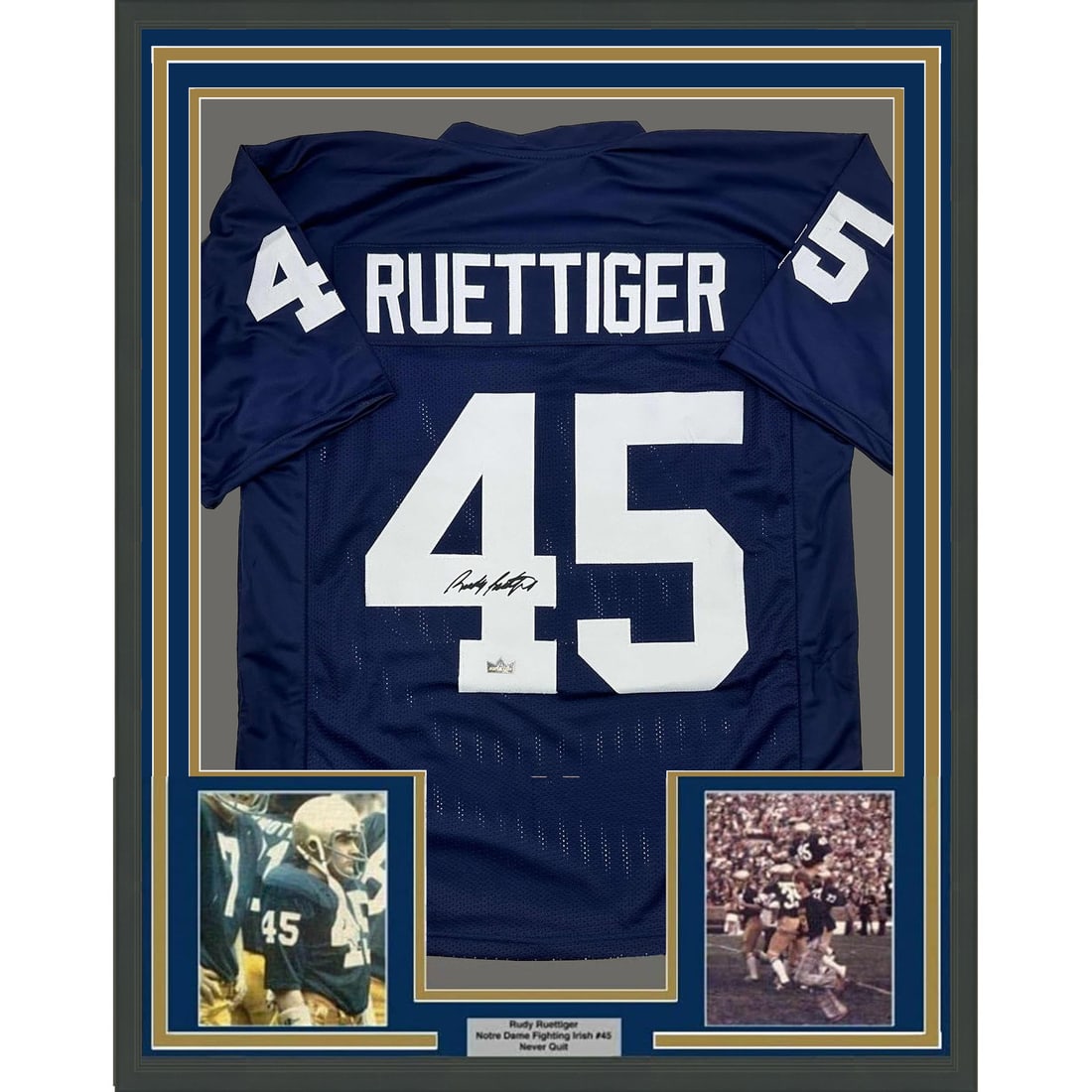 Framed Original Autographed Rudy Ruettiger Jersey 35x39 Notre Dame JSA Certified: Framed Original Autographed Rudy Ruettiger Jersey 35x39 Notre Dame JSA Certified Celebrate the spirit of college football with this framed facsimile autographed reprint jersey of Rudy Ruettiger, a bel