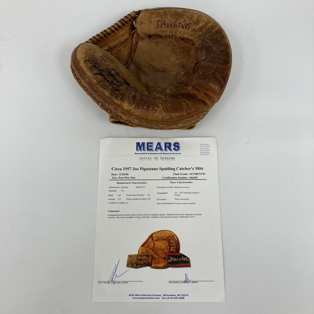 Joe Pignatano Signed 1957 Brooklyn Dodgers Spalding Game Used Catcher's Mitt JSA: Joe Pignatano Signed 1957 Brooklyn Dodgers Spalding Game Used Catcher's Mitt JSA This authentic Spalding 1473 catcher's mitt was used during Joe Pignatano's 1957 season with the Brooklyn Dodgers. The