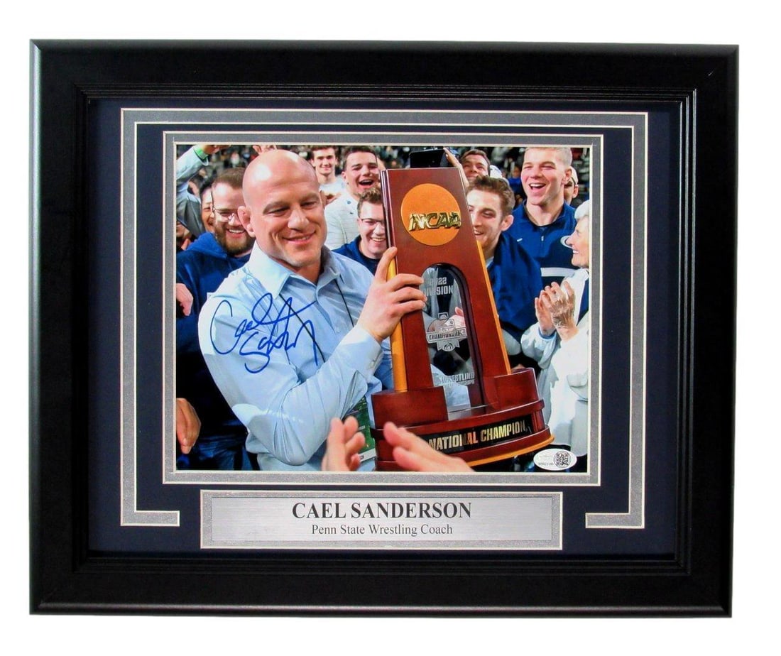 Cael Sanderson Signed Framed 8x10 Photo JSA Authenticated Penn State Wrestling: Cael Sanderson Signed Framed 8x10 Photo JSA Authenticated Penn State Wrestling This is a framed 8x10 photo of Cael Sanderson, the esteemed Penn State Wrestling Coach, featuring his authentic signature