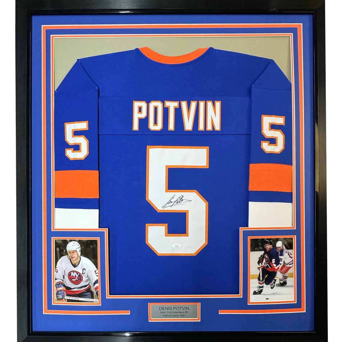 Framed Autographed Dennis Potvin New York Islanders Jersey JSA COA 33x42: Framed Autographed Dennis Potvin New York Islanders Jersey JSA COA 33x42 This is a framed autographed jersey of Dennis Potvin, a legendary player for the New York Islanders. The jersey measures 33x42 